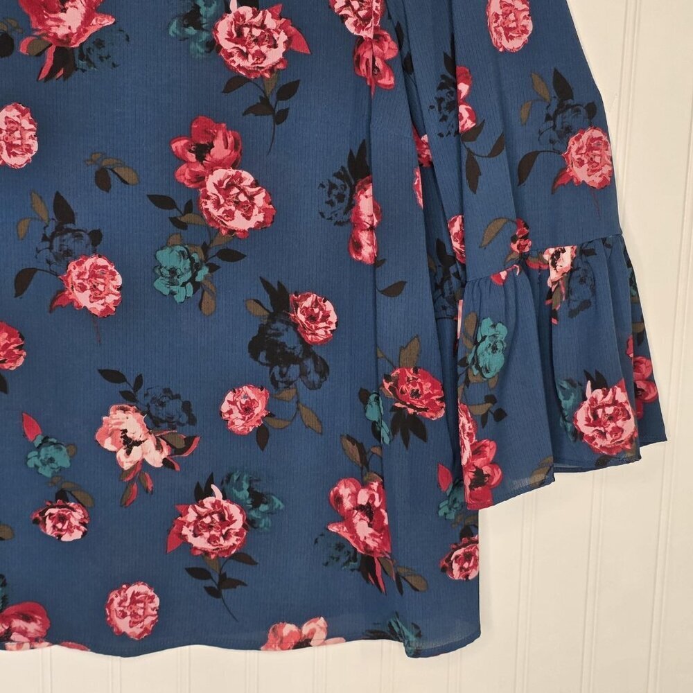 Elle Blouse Womens XL Blue Floral Bell Sleeve Pullover Top Pink Teal Rose Print - Picture 2 of 12